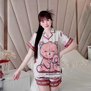 Cute Bear Print Women's Pajama Set - Pink